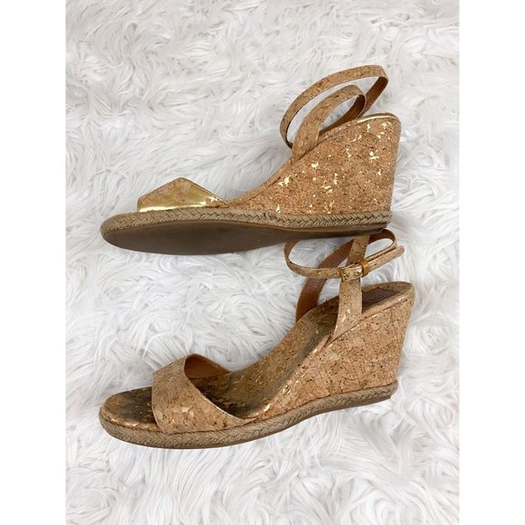 Tory Burch Marion Quilted Cork Espadrille Wedge Natural Gold Sandals Ankle Wrap - Picture 3 of 7